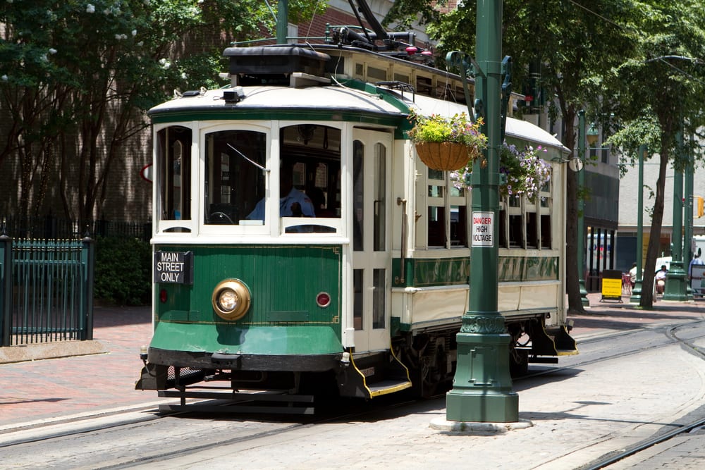 Trolley traveling through the city.